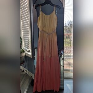 Women’s Ombre Yellow to Coral Maxi Dress with Braided Belt